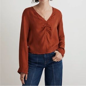 NWT Madewell Brushed Ruched-Front Top Faded Rust Orange Long Sleeve Size 0 Women